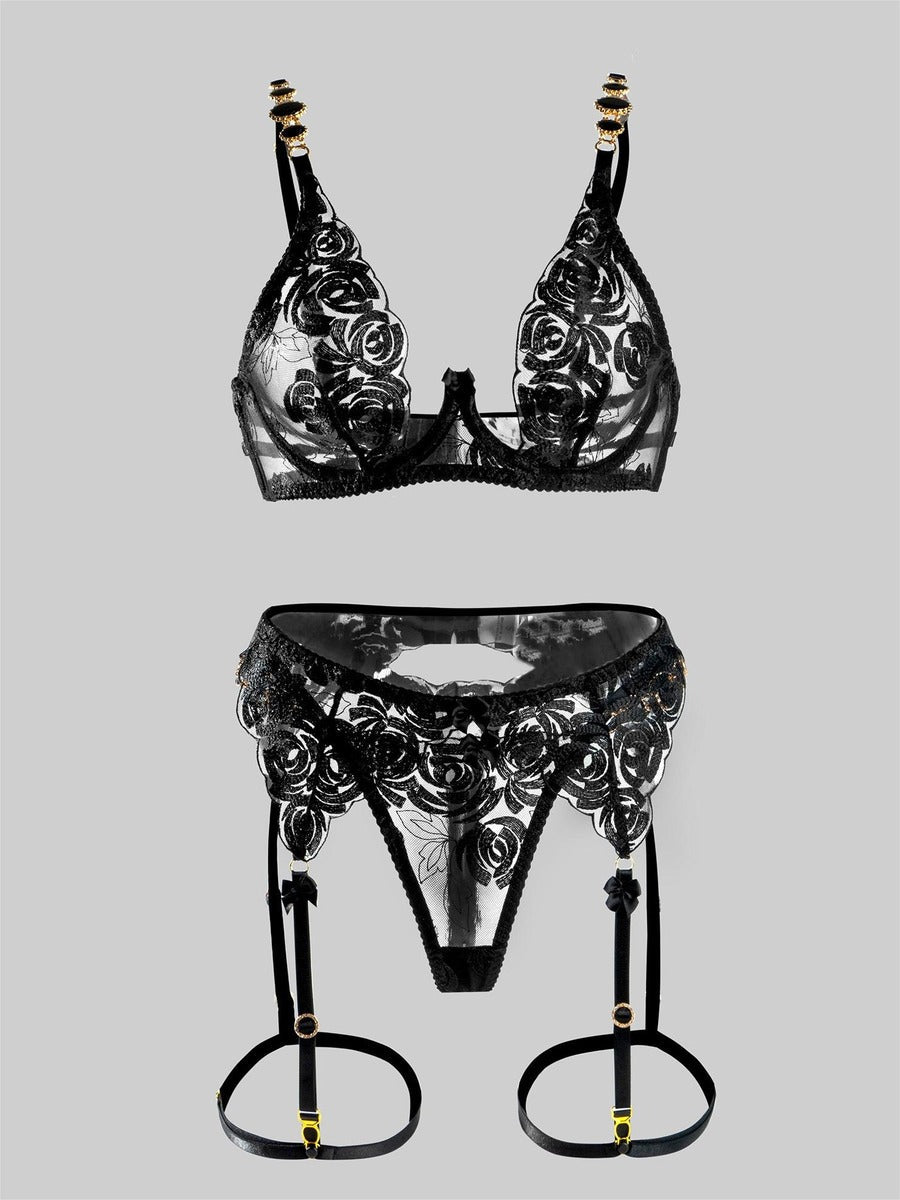 Black Embroidered Lingerie Set With Garter Straps Deluxe Hello.LA.Girl